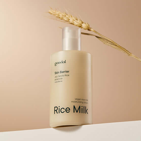 GOODAL Vegan Rice Milk Moisturizing Lotion 200ml (24AD) bottle with wheat decoration in a minimalist setting.