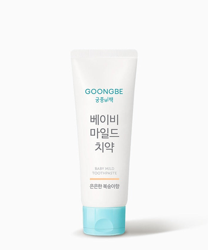 GOONGBE Baby Mild Toothpaste 80g ( Peach Flavor ) in white tube with blue cap, suitable for infants, Korean text on the tube