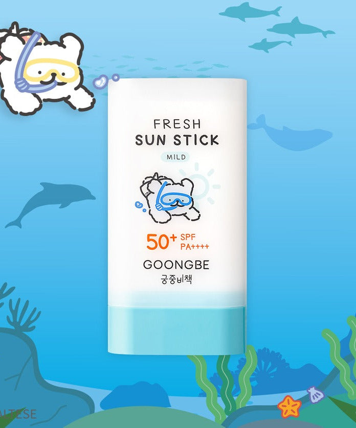 GOONGBE Fresh Sun Stick Mild 23g [Gungjungbicheok x Maltese] product packaging with ocean theme illustration.