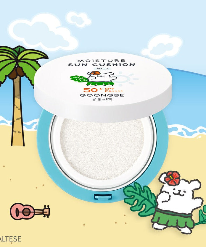 GOONGBE Moisture Sun Cushion Mild 14g [Gungjungbicheok x Maltese] displayed on a tropical beach with palm trees and sunshine.
