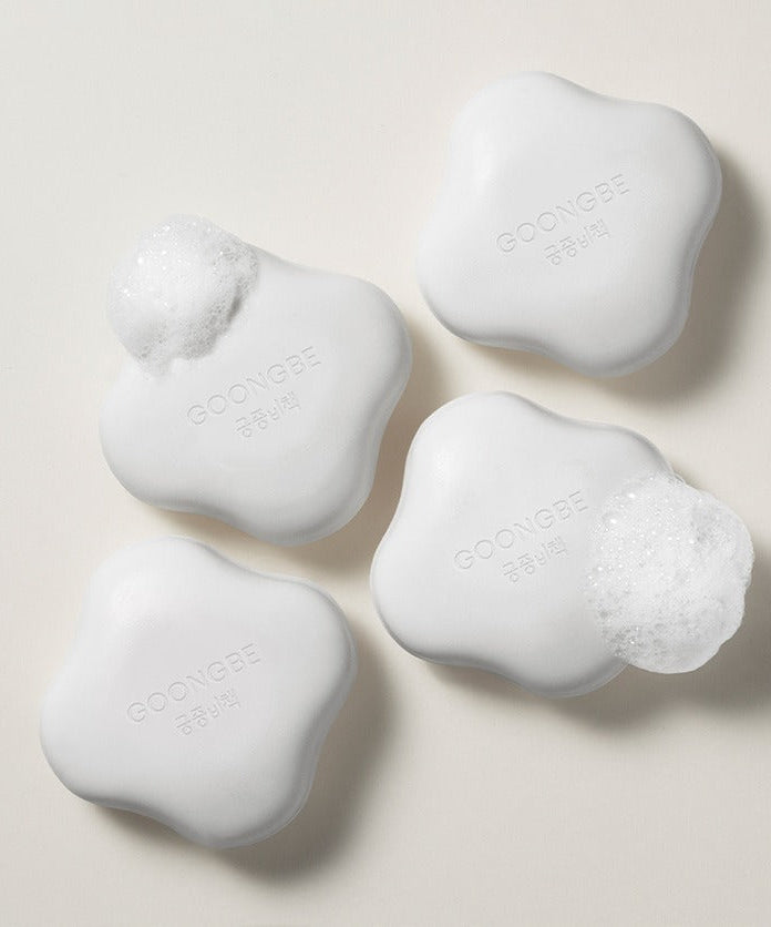 GOONGBE Pri-mmune Creamy Soap 90g bars with foamy lather on a neutral background, showcasing the product design and texture.
