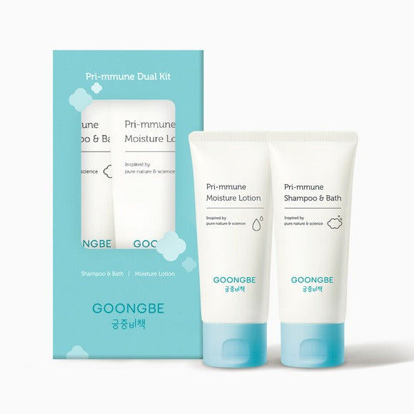 GOONGBE Pri-mmune Dual Kit featuring Pri-mmune Moisture Lotion and Shampoo & Bath in packaging.