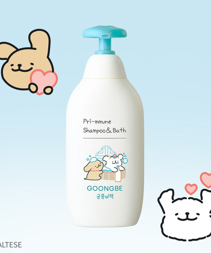 GOONGBE Pri-mmune Shampoo & Bath 350ml [Gungjungbicheok x Maltese] bottle featuring cute characters on a blue background.