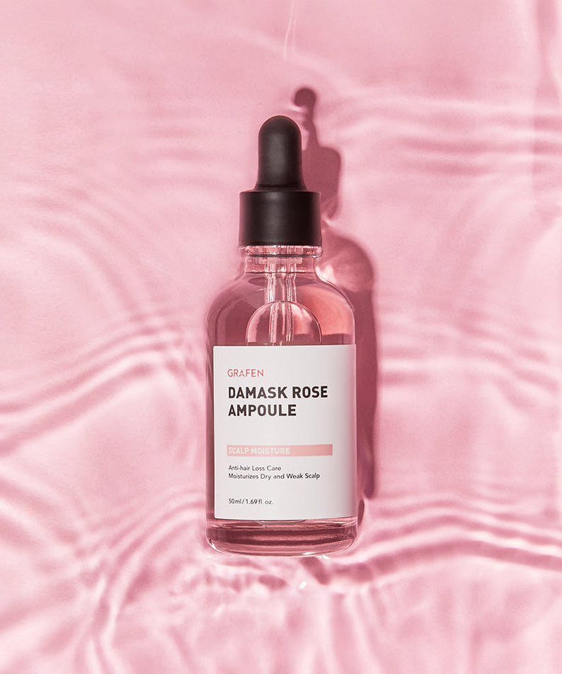 GRAFEN Damask Rose Ampoule 50ml bottle on pink satin background Gentleman Korea Korean skincare for men