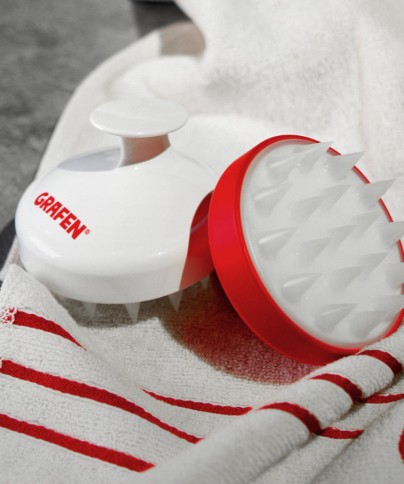 GRAFEN Edge Finger scalp massager for men by Gentleman Korea — compact white and red silicone brush for Korean skincare routines