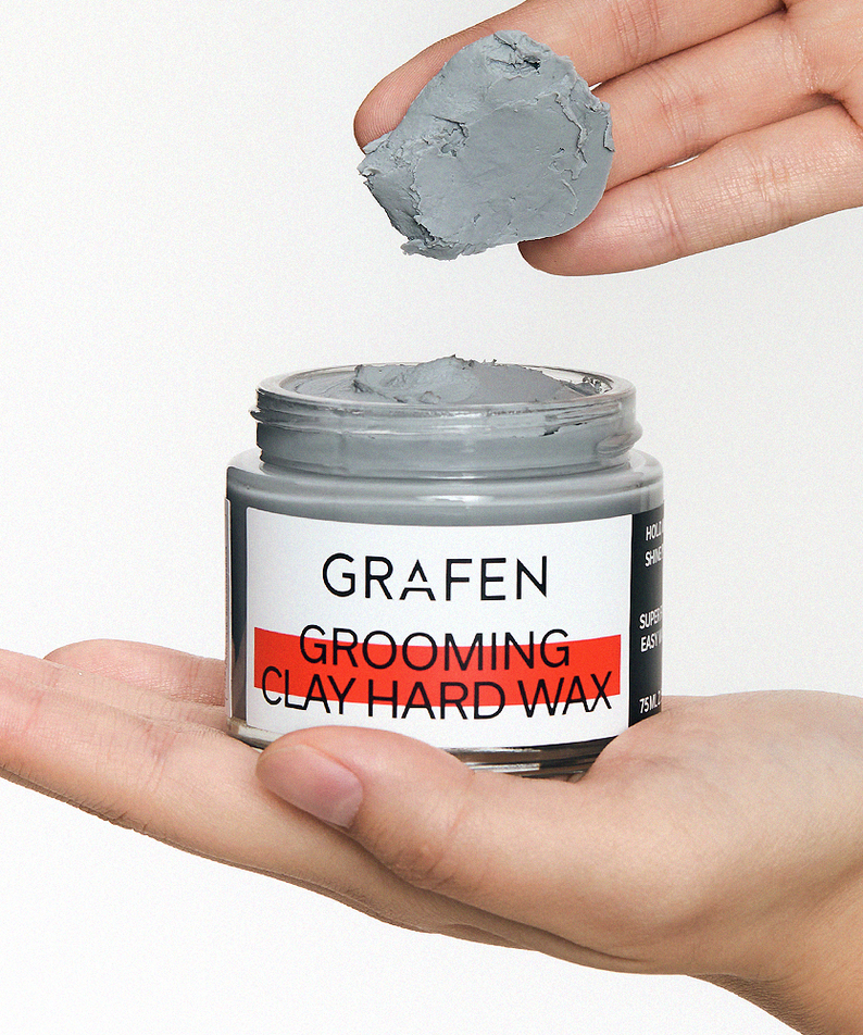 GRAFEN Grooming Clay Hard Wax 75ml in hand, grey clay wax scoop, Gentleman Korea export for men's grooming
