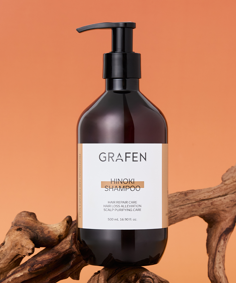 GRAFEN Hinoki shampoo 500ml bottle on wooden prop, Gentleman Korea Korean men’s hair care product