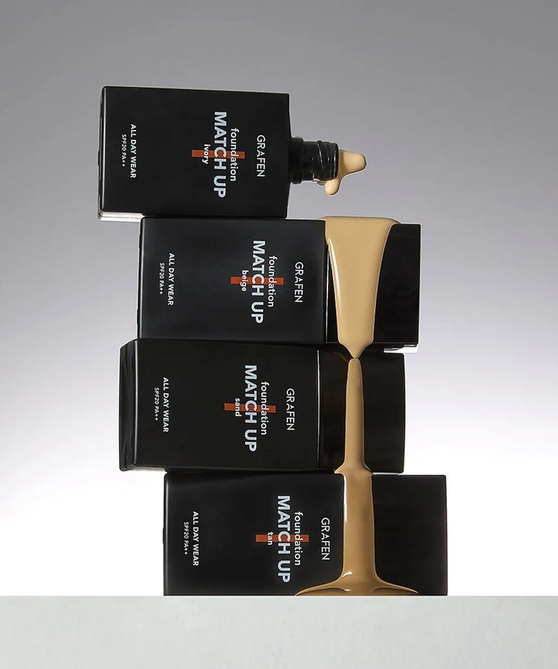 GRAFEN Match Up Foundation 40ml product shot by Gentleman Korea — black bottles stacked with foundation spilling to show shade and texture