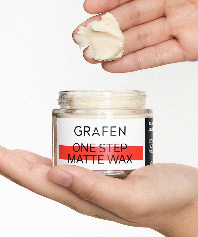 GRAFEN One-Step Matte Wax 70g held in hands with product texture visible – Gentleman Korea premium matte hair wax for men