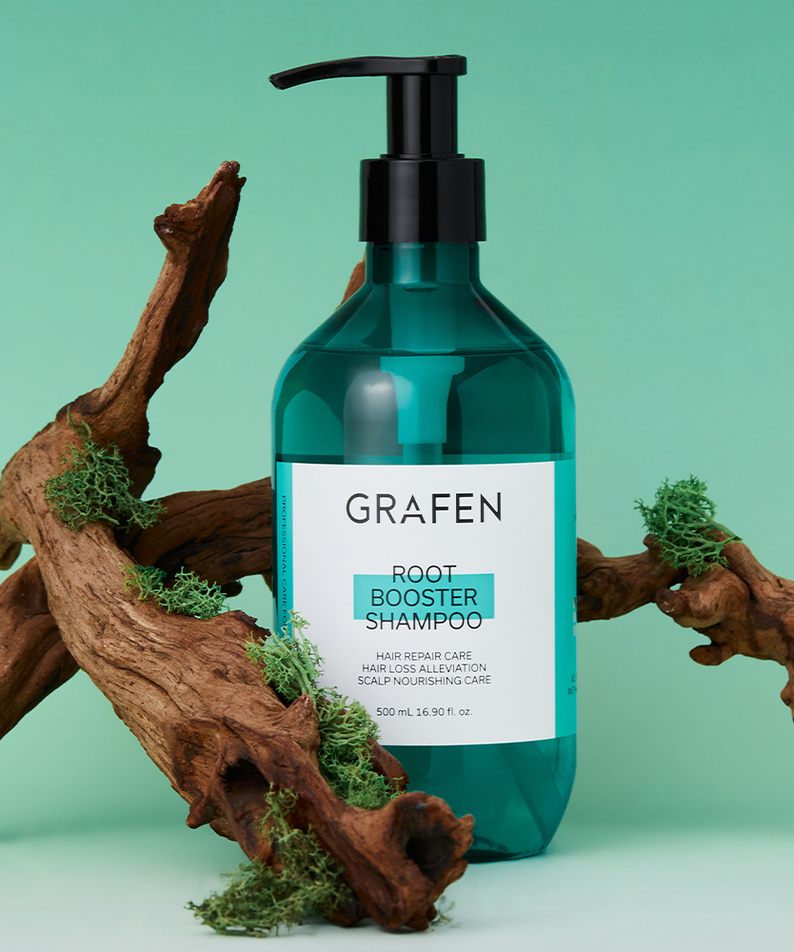 GRAFEN Root Booster Shampoo 500ml bottle on green background with natural driftwood accents - Gentleman Korea male skincare export