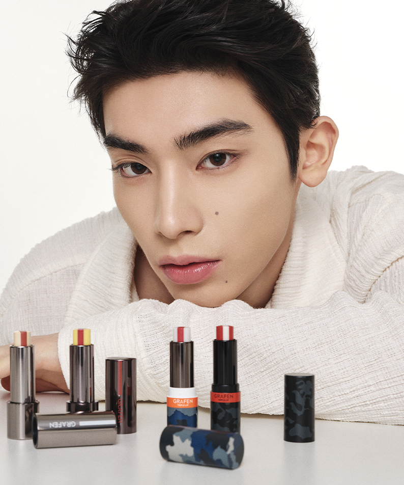 GRAFEN Triple Lip 4.3g displayed with gentleman model and range of lipsticks, Gentleman Korea export of Korean men’s skincare