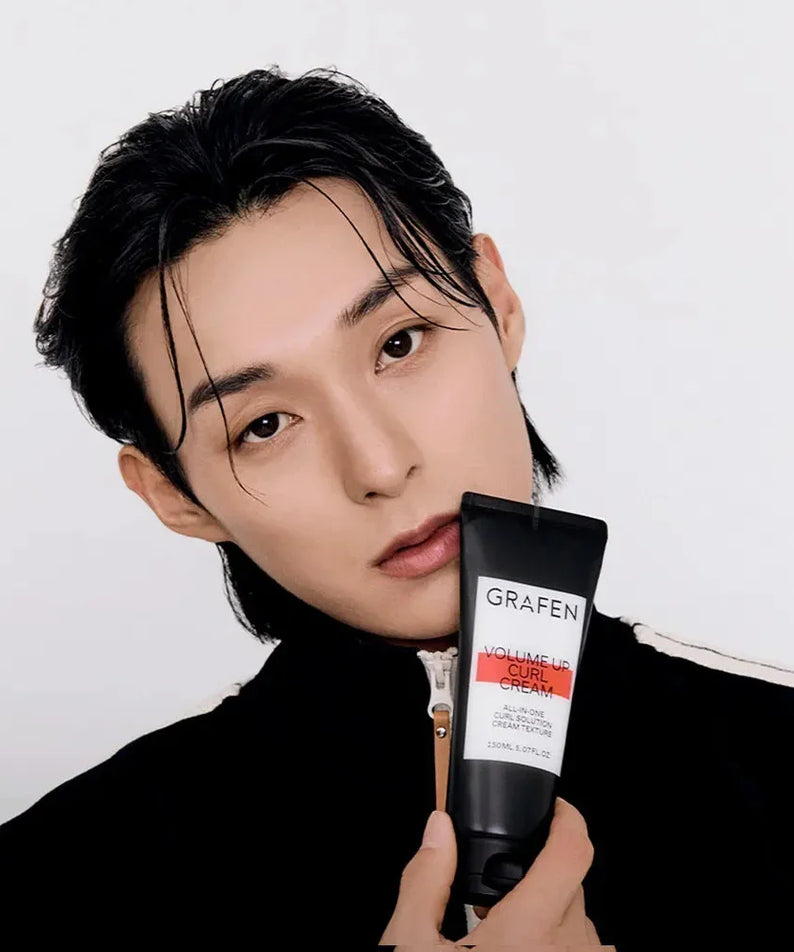 Gentleman Korea model holding GRAFEN Volume Up Curl Cream 150ml for men, Korean skincare styling product