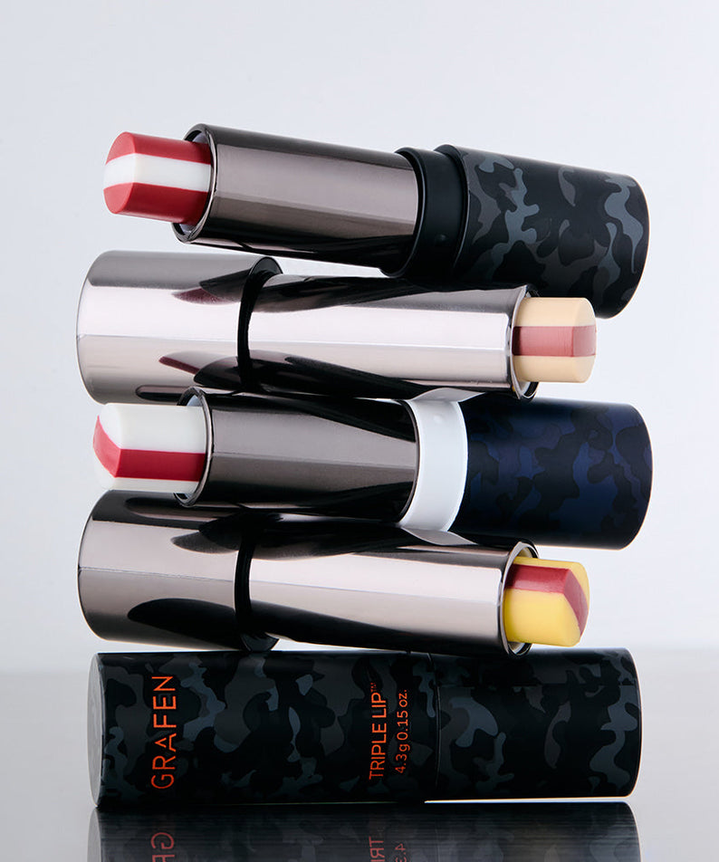 GRAFEN Triple Lip 4.3g - Gentleman Korea product image showing stacked camo-patterned lip balms in sleek metallic tubes for men’s skincare