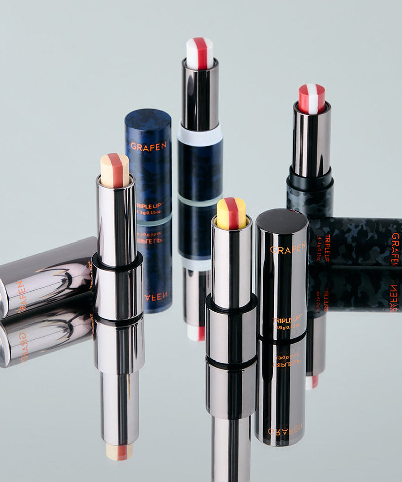GRAFEN Triple Lip 4.3g stylish multi-tone lip balm set on reflective surface by Gentleman Korea for men’s skincare