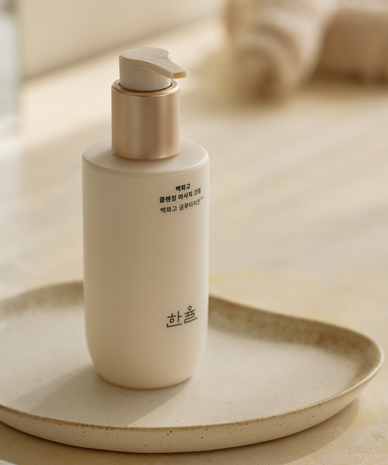 HANYUL Baekhwago Cleansing Massage Cream 200ml bottle on a ceramic tray