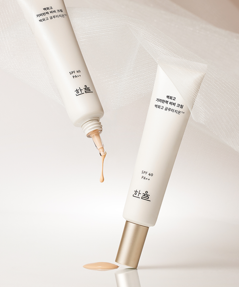 HANYUL Baekhwago Gimitanryuk BB Cream SPF40/PA++ 40ml displayed with packaging, highlighting its texture.