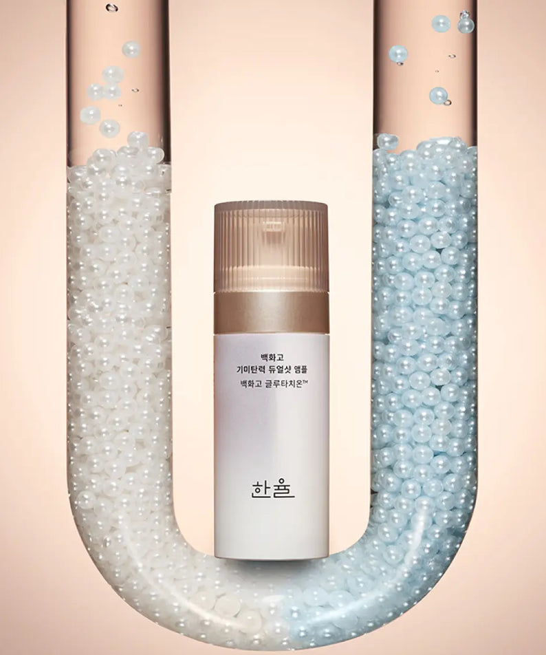 HANYUL Baekhwago Gimitanryuk Dual Shot Ampoule 45ml product display with pearl-like capsules in the background