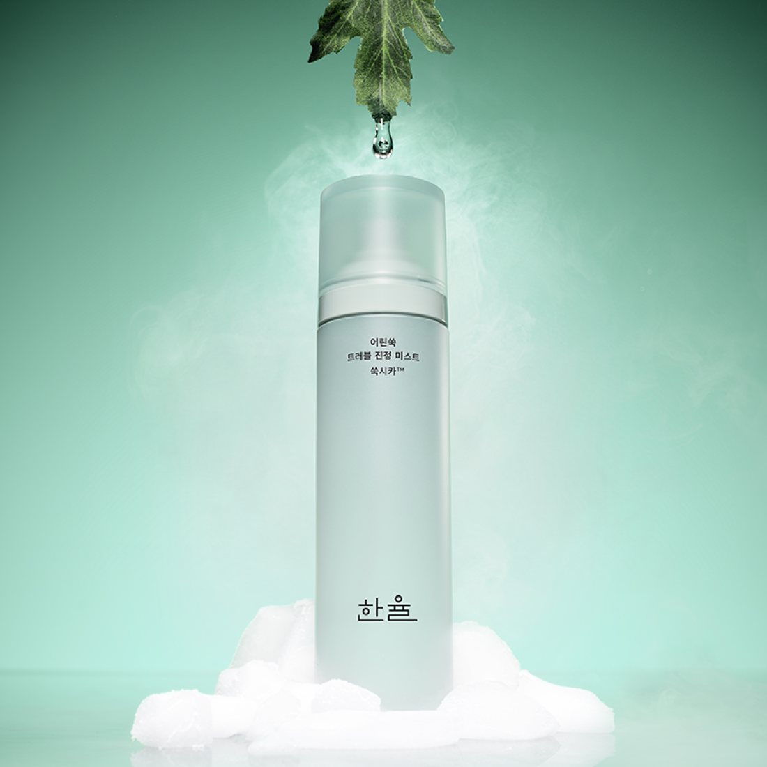 HANYUL Young Artemisia Trouble Mist 120ml product image with green herbal background and water droplet effect.