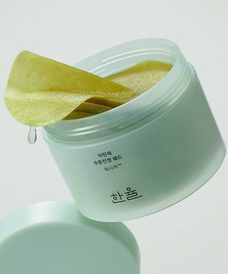 HANYUL Young Mugwort Moisturizing Soohting Pad in elegant packaging, showcasing soothing skincare pads.