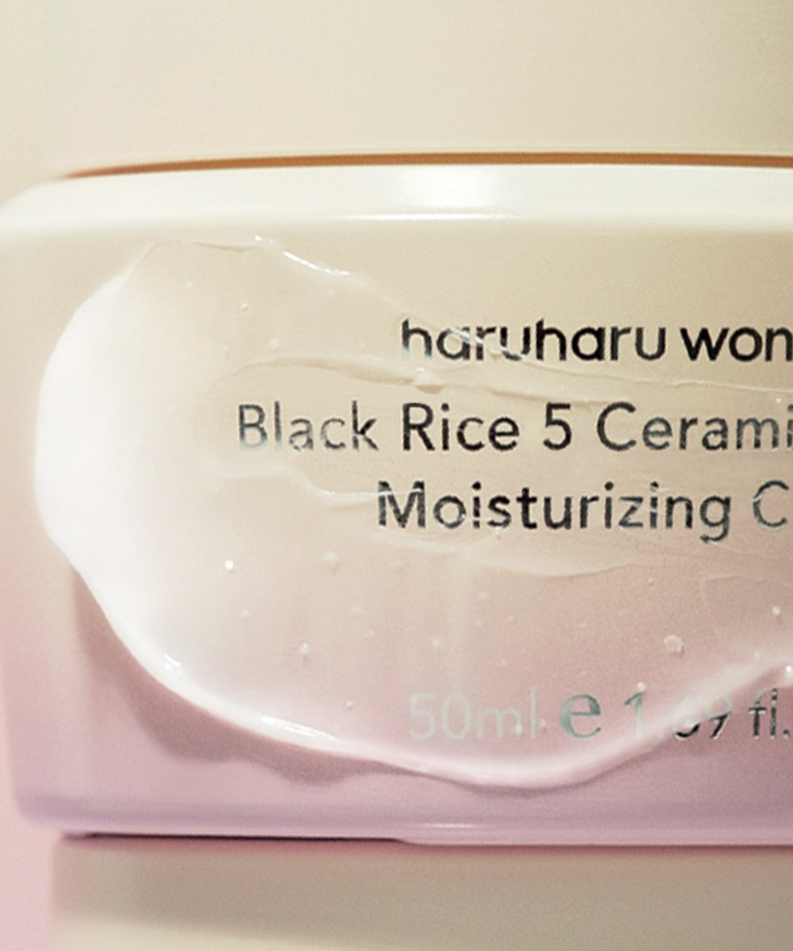 HARU HARU Black Rice 5 Ceramide Barrier Moisturizing Cream 50ml with cream texture, close-up view.