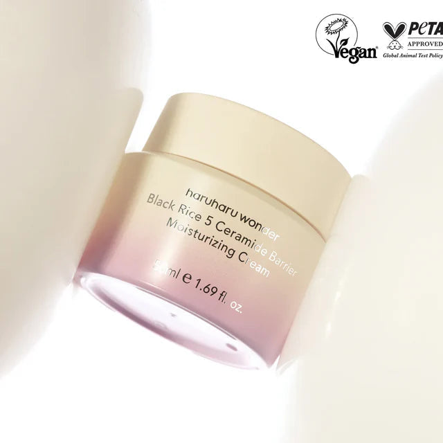 HARU HARU Black Rice 5 Ceramide Barrier Moisturizing Cream 50ml. Vegan and PETA approved jar packaging.