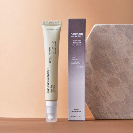 HARUHARU Black Rice Bakuchiol Eye Cream 20ml in packaging displayed on a beige background