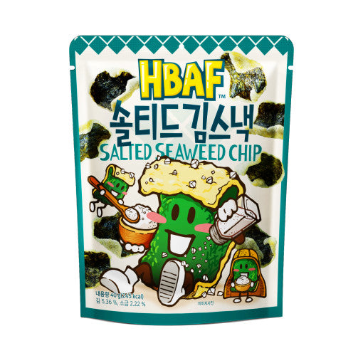 HBAF Seaweed Chips 40g packaging featuring cartoon seaweed character, displaying vibrant design and product branding.
