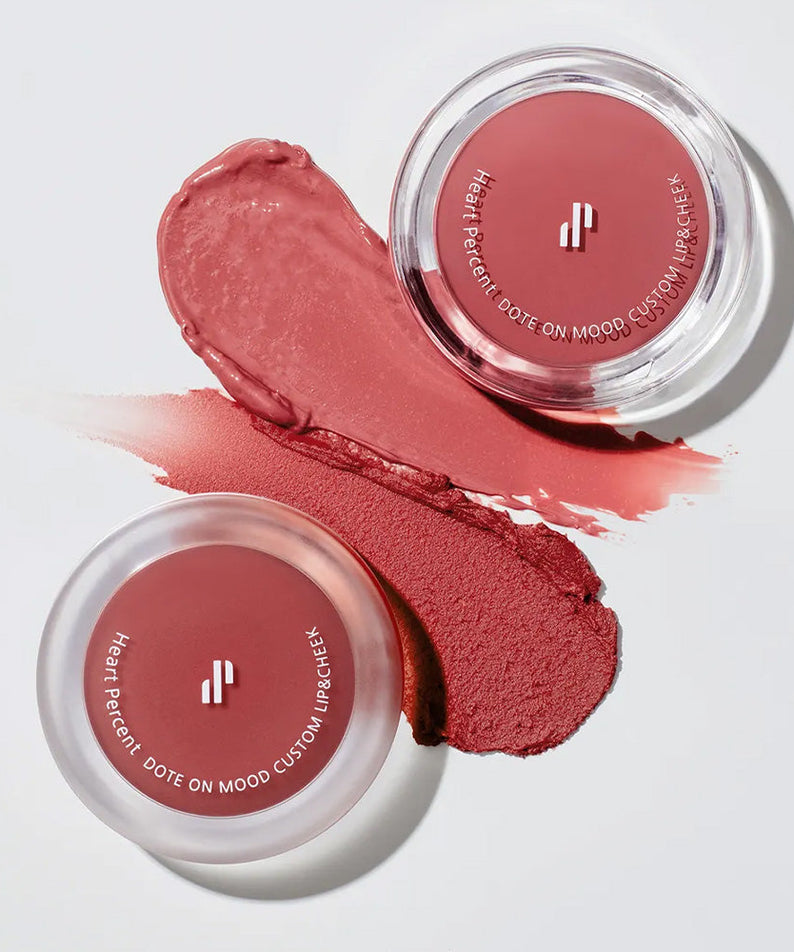 HEART PERCENT Dot On Mood Custom Lip & Cheek product display with two open containers and swatches of lip and cheek color.