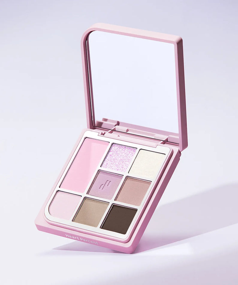HEART PERCENT Dot On Mood Eye Palette featuring pink and neutral shades with mirror.