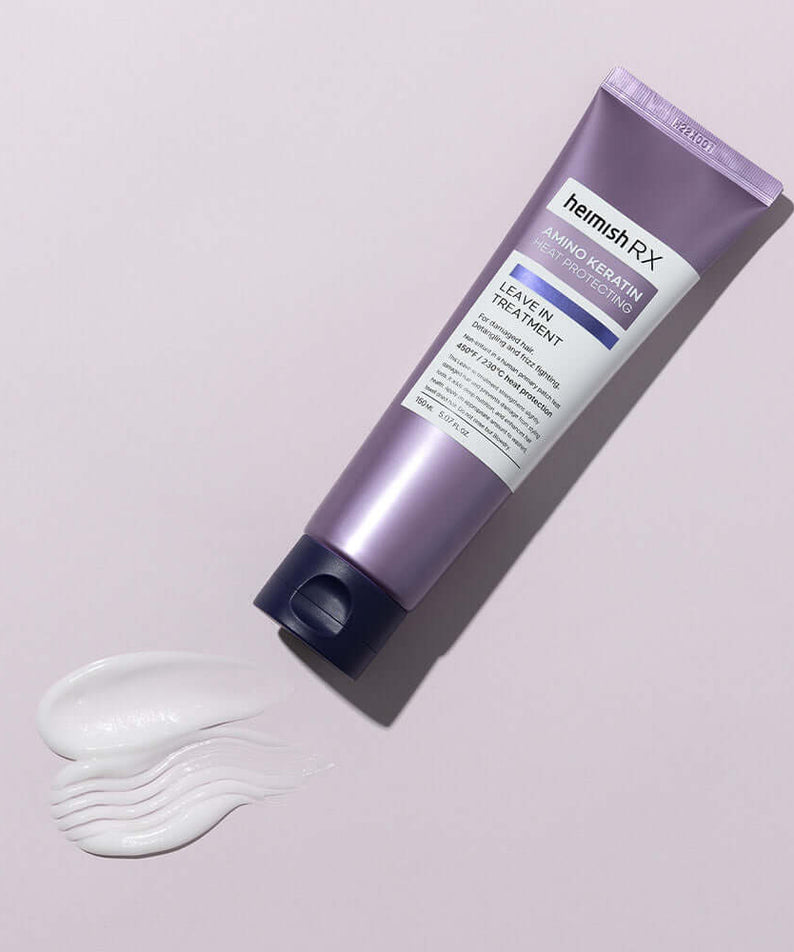 HEIMISH RX Amino Keratin Heat Protecting Leave-in Treatment 150ml tube on pink background with product texture swatch