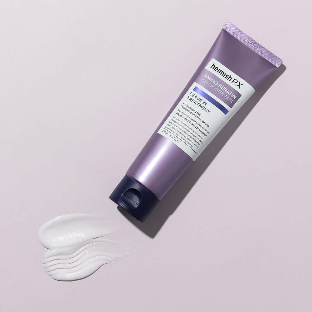 HEIMISH RX Amino Keratin Heat Protecting Leave-in Treatment 150ml tube on pink background with product texture swatch