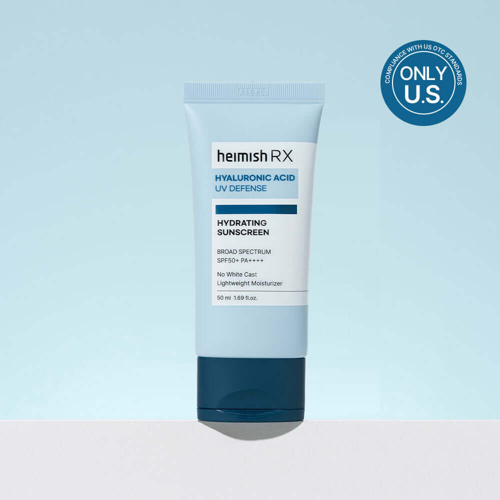 Image of HEIMISH RX Hyaluronic Acid Hydrating Sunscreen SPF50+ PA++++ tube with blue and white packaging on a light blue background.