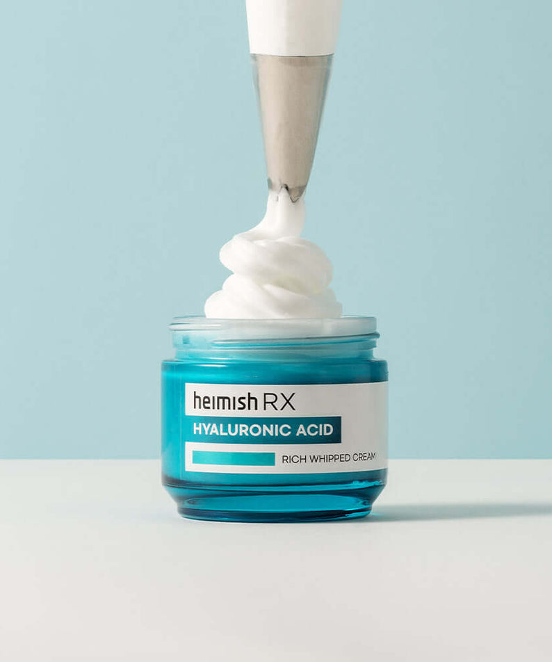HEIMISH RX Hyaluronic Acid Rich Whipped Cream 50ml in jar with whipped texture against blue background