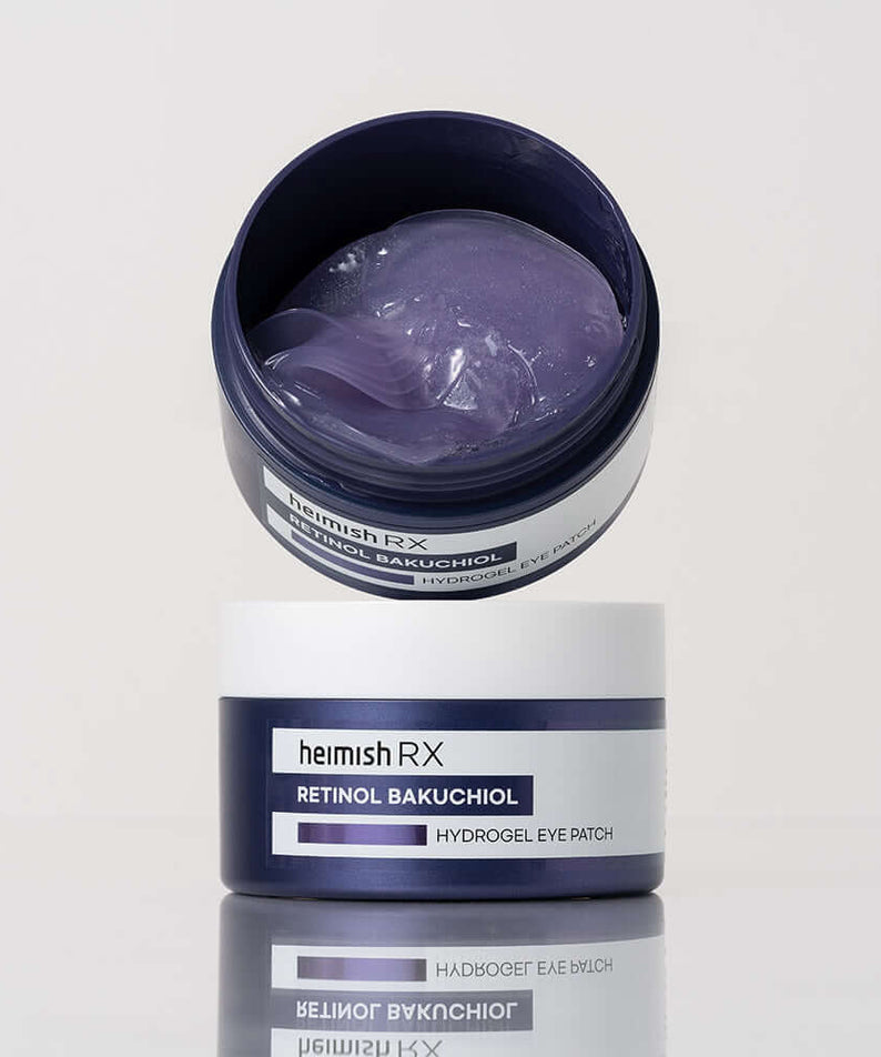 HEIMISH RX Retinol Bakuchiol Hydrogel Eye Patches 60 Sheets in open container with visible hydrogel texture