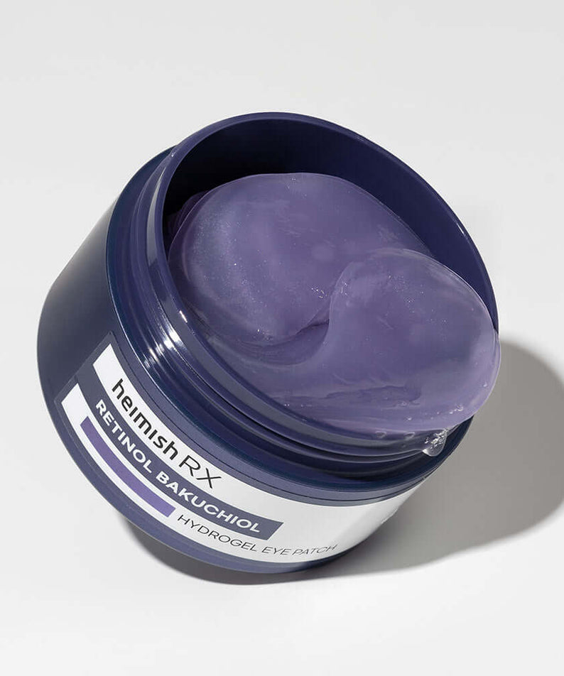 HEIMISH RX Retinol Bakuchiol Hydrogel Eye Patches 60 Sheets in open container with purple patches shown.