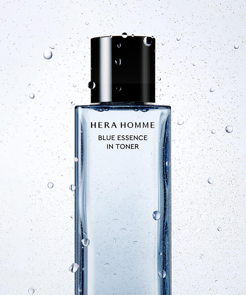 HERA Homme Blue Essence In Toner 125ml - Gentleman Korea men’s hydrating toner bottle with water droplets