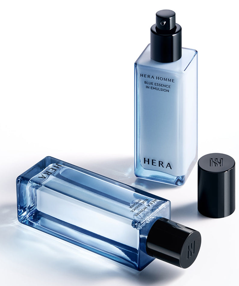 HERA Homme Blue Essence In Toner 125ml - Gentleman Korea product shot of blue glass toner bottle for men's skincare