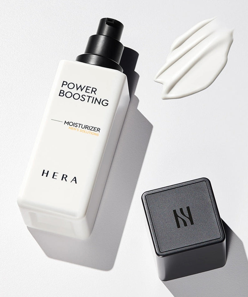 HERA Powder Boosting Moisturzer 110ml bottle with cream swatch and cap on white background