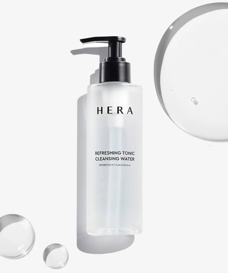 HERA Refreshing Tonic Cleansing Water 200ml bottle with clear liquid droplets for skincare routine