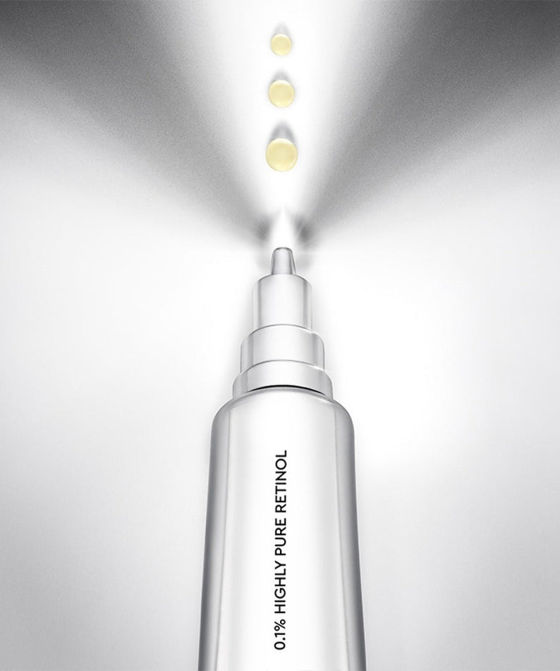 HERA Retinol 3X Lifting Serum 25ml bottle with droplets, highlighting 0.1% pure retinol formula for anti-aging benefits.