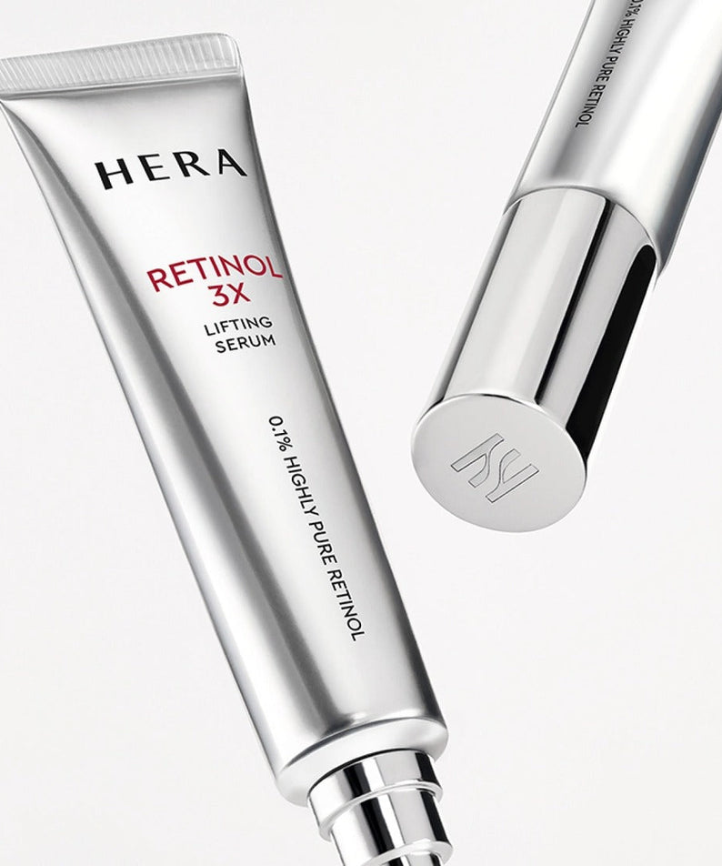 HERA Retinol 3X Lifting Serum 25ml, silver tube over white background, premium skincare product.