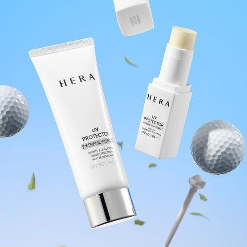 HERA UV Protector Extreme-Force Leports SPF50+PA++++ with golf accessories and blue background