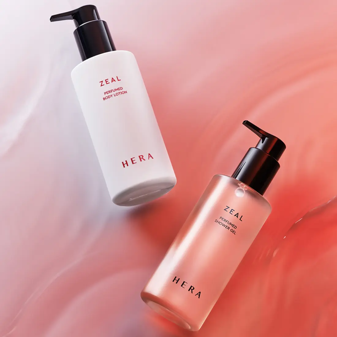HERA Zeal Blooming Perfumed Shower Gel 250g and Lotion on pink background