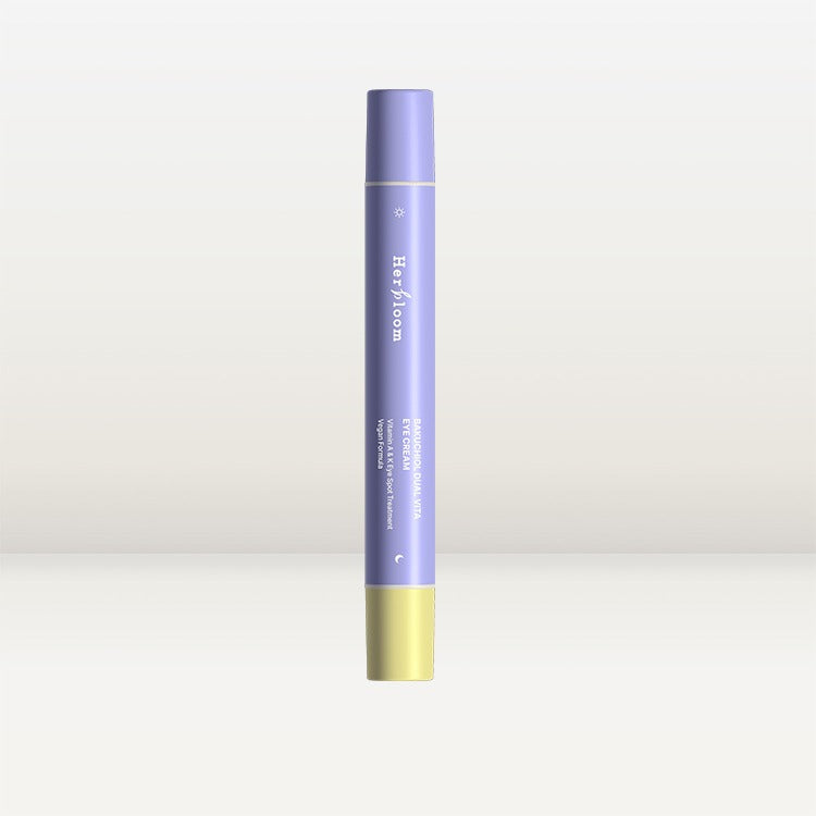 HERBLOOM Bakuchiol Dual Vita Eye Cream in purple and yellow packaging on a white background