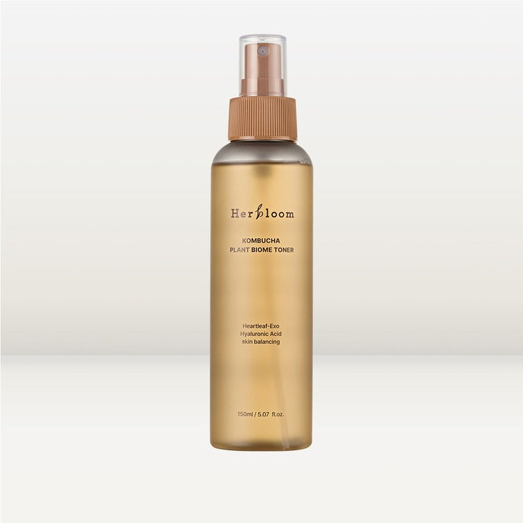 HERBLOOM Kombucha Plant Biome Toner 150g bottle on display, showcasing eco-friendly skincare benefits and hydrating properties.