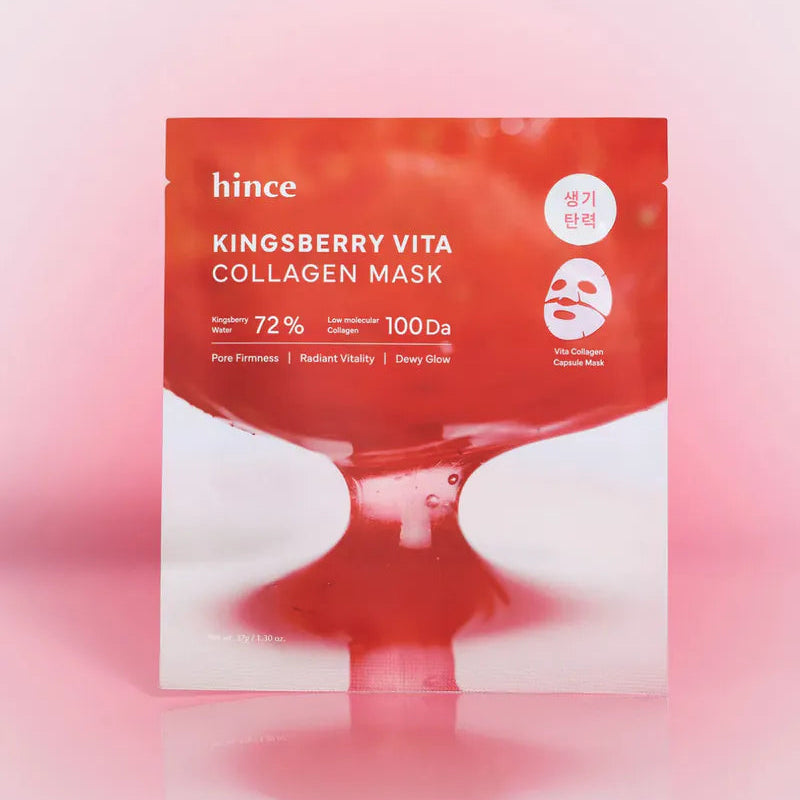 HINCE Kingberry Vita Collagen Mask 37g with vibrant packaging on a pink background.