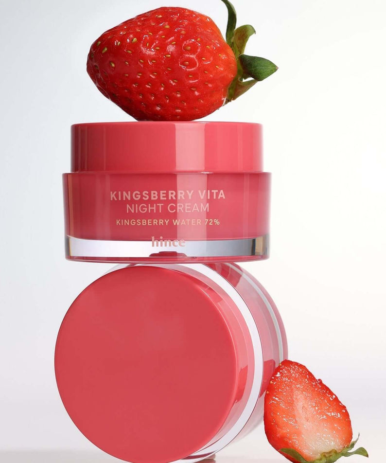 HINCE Kingsberry Vita Night Cream jar with strawberries, showcasing rich ingredients and luxurious skincare benefits.