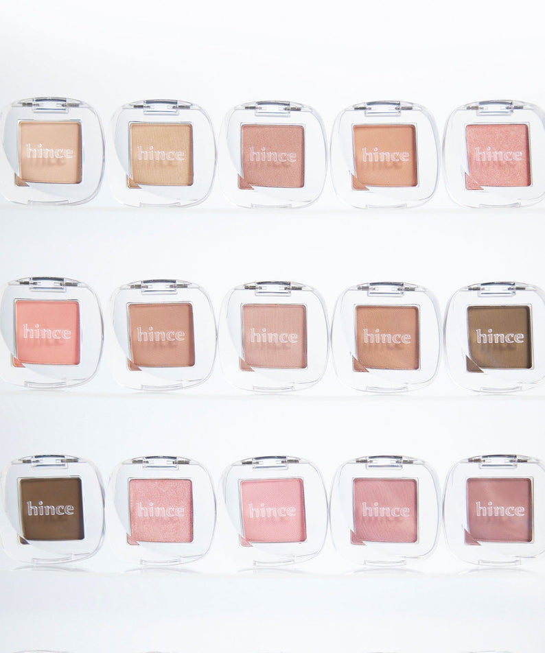 Collection of HINCE Single Eyeshadow colors in clear cases, showcasing a range of shades for versatile makeup looks.