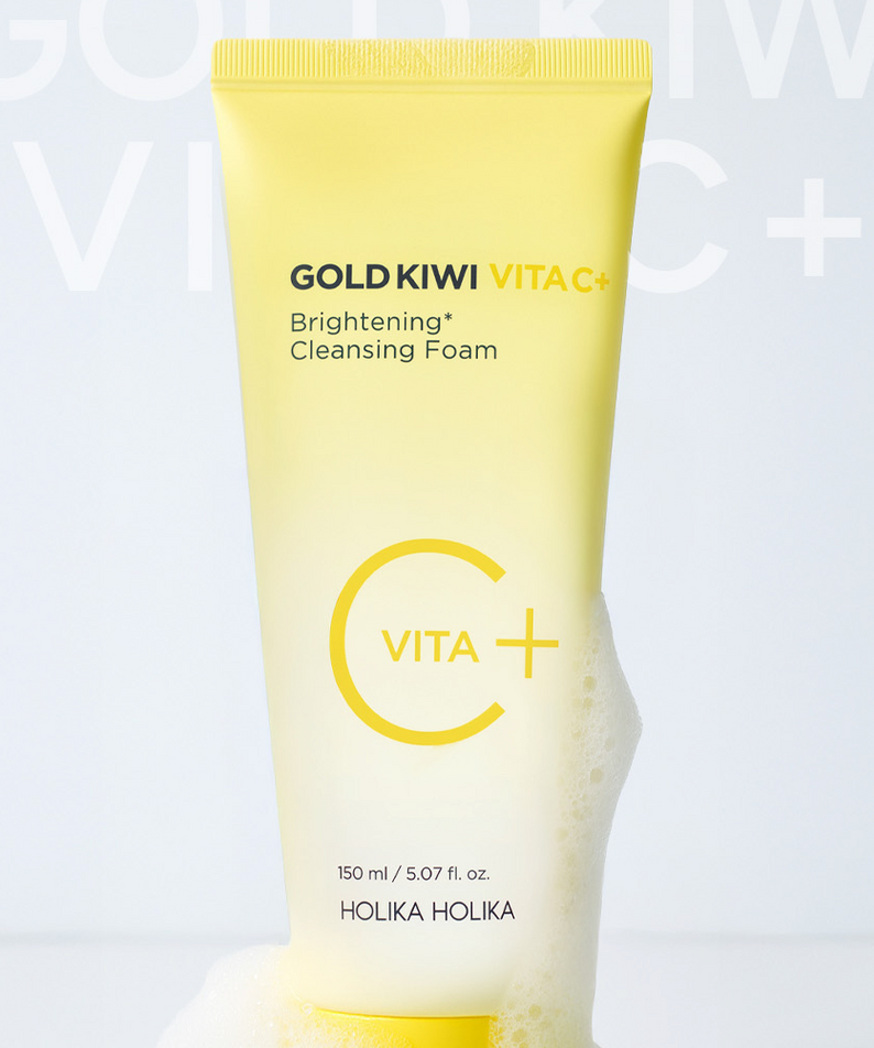 HOLIKA HOLIKA Gold Kiwi Vita C+ Brightening Cleansing Foam 150ml tube with foamy bubbles, skincare product for brightening