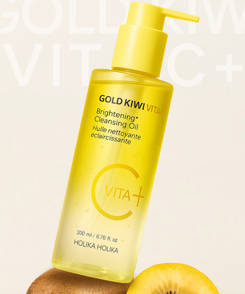 HOLIKA HOLIKA Gold Kiwi Vita C+ Brightening Cleansing Oil 200ml bottle with fruit, promoting skin brightening benefits.